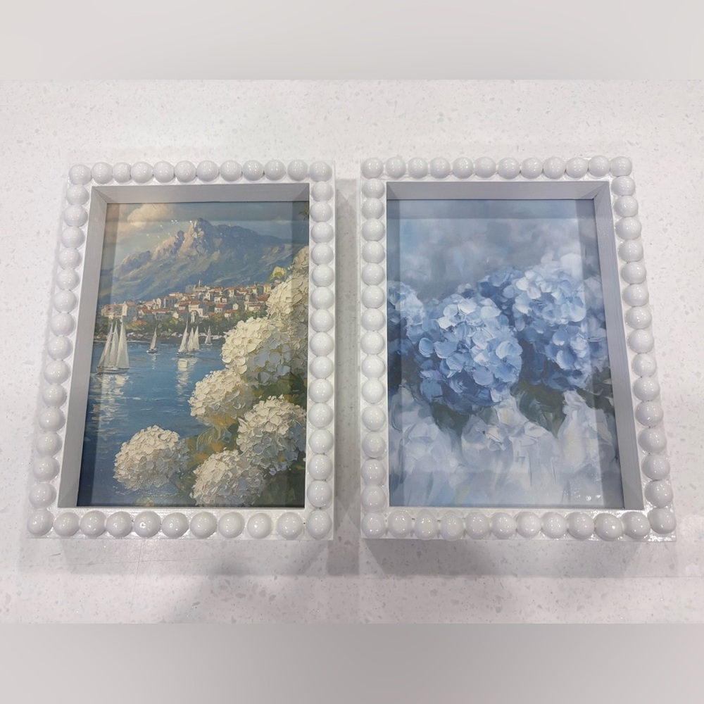 2 Pc Set White Wooden Bead Frames with Hydrangea / Nautical Scene Wall Art
